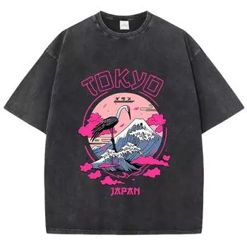 Винтажные женские футболки с кислотной стиркой, футболки с принтом Токио Харадзюку, хлопковые футболки с круглым вырезом, оверсайз, с коротким рукавом, модная одежда S