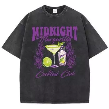 Винтажные женские футболки с кислотной стиркой Midnight Margaret Cocktail Club Prints Tops Crewneck Cotton Oversize Tee Shirts Clothes S