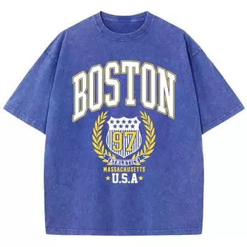 Винтажные женские футболки с кислотной стиркой, топы с принтом значка Boston Athletics, футболки большого размера с круглым вырезом из хлопка, одежда S