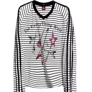 Винтажные женские футболки с V-образным вырезом, с длинным рукавом, повседневные футболки, топы 2000 года, принт, уличная одежда, полосатая футболка, модные майки S чёрный