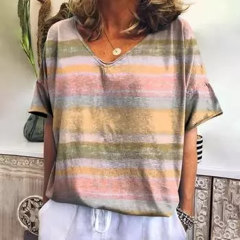 Винтажные женские футболки в полоску с принтом, летние футболки с короткими рукавами, модные повседневные топы, женская уличная одежда, свободная женская одежда M