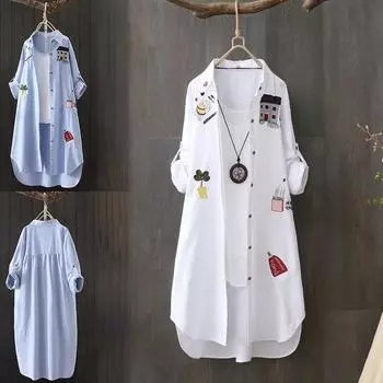 Винтажные женские хлопковые свободные длинные рубашки с вышивкой, весенне-осенняя повседневная офисная женская блузка, женский топ, свободная рубашка размера плюс S белый