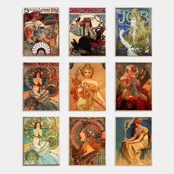 Винтажные женские холсты с Альфонсом Муха, художественные постеры и картины на холсте с принтом, настенные картины для гостиной, украшения дома, без рамки 21*30cm