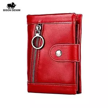 Винтажные женские кошельки из натуральной кожи BISON DENIM, женский кошелек на застежке-молнии, большой вместительный кошелек из воловьей кожи