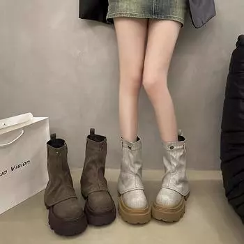 Винтажные женские ковбойские сапоги на платформе в стиле вестерн, модные туфли без застежек, осень-зима, толстый каблук, женские короткие ботильоны 35