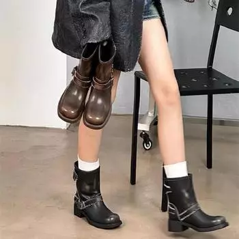 Винтажные женские ковбойские сапоги на толстом каблуке с платформой в стиле вестерн, модные туфли с пряжкой на ремне, осень-зима, лаконичные короткие ботильоны 35