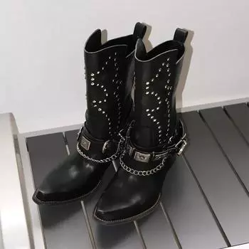 Винтажные женские ковбойские сапоги с заклепками, модные туфли без застежек, осенне-зимние женские ботинки челси на квадратном каблуке 35