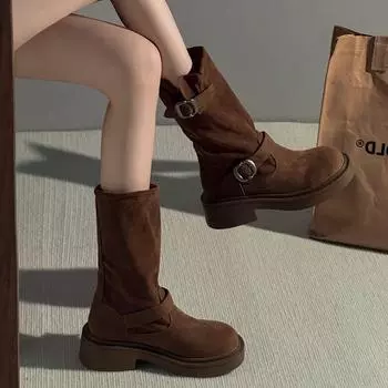 Винтажные женские ковбойские сапоги в стиле вестерн, модные туфли с пряжкой на поясе, осенне-зимние женские полусапожки на толстом каблуке до середины голени 35