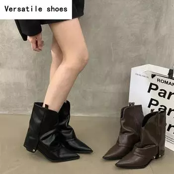 Винтажные женские ковбойские сапоги в стиле вестерн, модные элегантные туфли с острым носком, толстые каблуки, женские современные короткие ботильоны 35