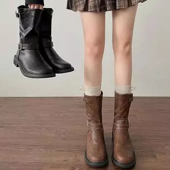 Винтажные женские ковбойские сапоги в стиле вестерн, модные туфли с пряжкой на ремне, осень-зима, короткие женские ботильоны на низком каблуке 35