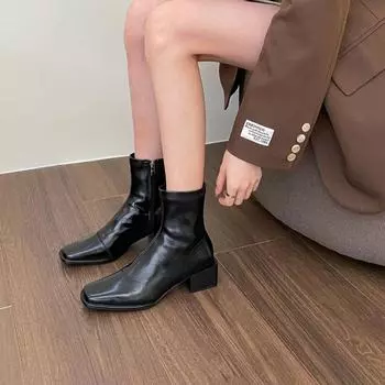 Винтажные женские ковбойские сапоги в стиле вестерн, модные туфли с квадратным носком, осенне-зимние, на толстом каблуке, элегантные короткие женские ботильоны 35 чёрный