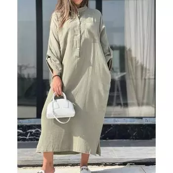 Винтажные женские летние хлопковые льняные длинные платья с воротником-рубашкой и закрученными пуговицами на каждый день S небесно-голубой