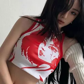 Винтажные женские летние майки с абстрактным портретным принтом для девочек, укороченные топы с открытой спиной, жилет, модная уличная одежда S красный