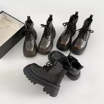 Винтажные женские мотоциклетные ботинки на платформе, модные туфли на шнуровке, осень-зима, толстый каблук, женские короткие ботинки 35