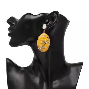 Винтажные женские овальные висячие серьги из смолы, ручная роспись, ювелирные изделия для вечеринок с цветами и птицами зелёный