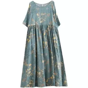 Винтажные женские повседневные свободные длинные платья из хлопка с коротким рукавом большого размера One Size зелёный