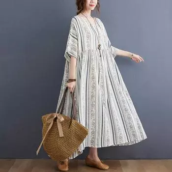 Винтажные женские повседневные свободные длинные платья из хлопка с коротким рукавом большого размера One Size