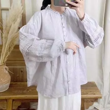 Винтажные женские рубашки Johnature, весенние свободные однотонные лоскутные кружевные блузки с воротником в японском стиле Mori One Size светло-фиолетовый
