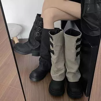 Винтажные женские рыцарские длинные сапоги, модные элегантные туфли без застежек на платформе с толстым каблуком, женские сапоги в стиле вестерн до колена 35