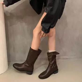 Винтажные женские сапоги 2024 года, новые осенне-зимние, наборные, на толстом среднем каблуке, короткие женские сапоги, замшевые, цвета хаки, вестерн-рыцарь, Botas 35 коричневый