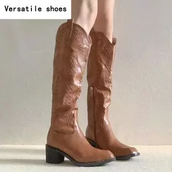Винтажные женские сапоги до колен с V-образным вырезом, модные туфли с боковыми молниями, осень-зима, толстый каблук, женские длинные сапоги в стиле рыцаря 35