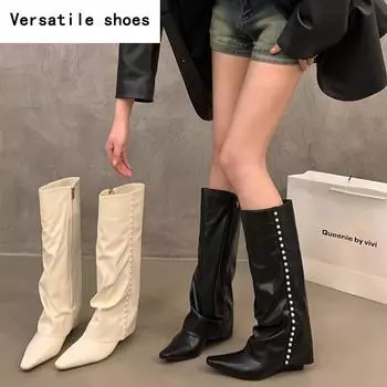 Винтажные женские сапоги до колена, модные элегантные туфли с острым носком, осенне-зимние туфли на танкетке, женские длинные сапоги в рыцарском стиле 35