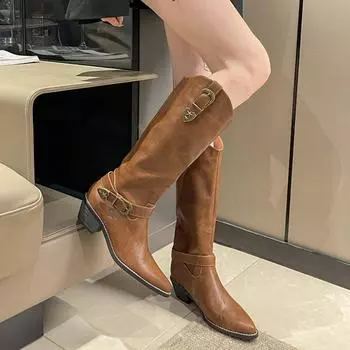 Винтажные женские сапоги до колена, модные ковбойские сапоги с острым носком и пряжкой на ремне, осень-зима, женские длинные сапоги на толстом каблуке в стиле рыцаря 35
