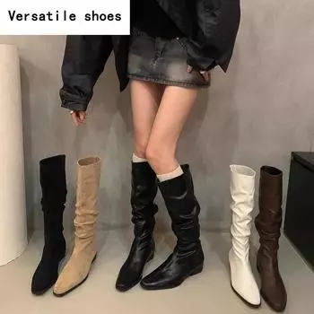 Винтажные женские сапоги до колена, модные мягкие кожаные туфли на толстом каблуке, осенне-зимние женские длинные сапоги в стиле рыцаря 35