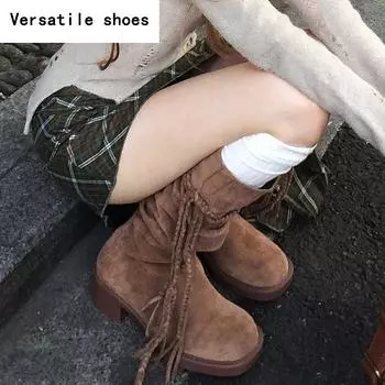 Винтажные женские сапоги до колена с кисточками в стиле вестерн, модные туфли без застежек, осень-зима, толстый каблук, женские длинные сапоги в стиле рыцаря 35