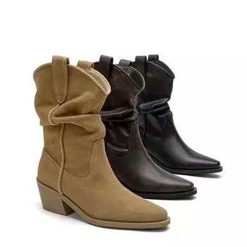 Винтажные женские сапоги-ковбойши с острым носком, модные туфли без застежек, осенне-зимние женские полусапожки на квадратном каблуке длиной до середины голени 35