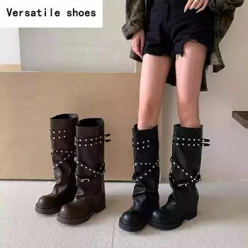 Винтажные женские сапоги-ковбойши с заклепками в стиле вестерн, модные длинные сапоги-ботильоны на квадратном каблуке Largas De Mujer 35