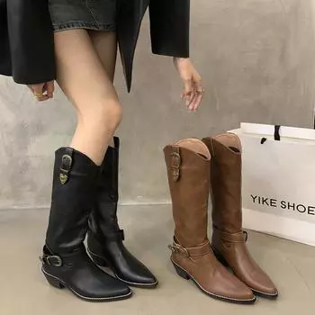 Винтажные женские сапоги в стиле ковбой с острым носком, модные элегантные туфли с пряжкой на поясе, квадратные каблуки, женские длинные туфли в стиле рыцаря 35