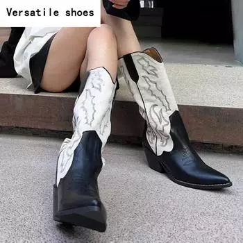 Винтажные женские сапоги в стиле ковбойши, модные туфли с острым носком и вышивкой, осенне-зимние, на толстом каблуке, женские длинные сапоги в стиле рыцаря 35