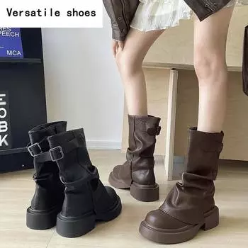 Винтажные женские сапоги в стиле ковбойши, модные туфли с пряжкой на поясе, осень-зима, толстый каблук, женские современные короткие ботильоны 35