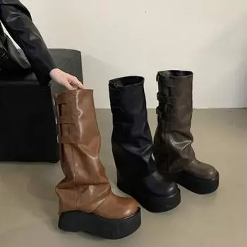 Винтажные женские сапоги в стиле вестерн до колена, модные туфли с круглым носком, осенне-зимние туфли на платформе, женские длинные сапоги в стиле рыцаря 35