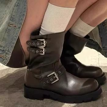 Винтажные женские сапоги в стиле вестерн, модные туфли с пряжкой на поясе, осень-зима, дамские сапоги на толстом каблуке, рыцарские сапоги до середины голени 35