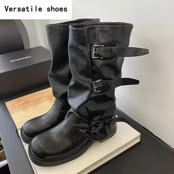 Винтажные женские сапоги в стиле вестерн, модные элегантные туфли с пряжкой на поясе, осенне-зимние туфли без застежек, лаконичные полусапожки до середины голени 35