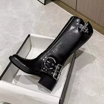 Винтажные женские сапоги в западном стиле из натуральной кожи до колена на толстом высоком каблуке 2024 года, обувь осень-зима, женская ретро-обувь 35 чёрный