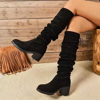 Винтажные женские сапоги выше колена, модные элегантные туфли со шнуровкой сзади, осенне-зимние, толстые каблуки, длинные, ботильоны Largas 35