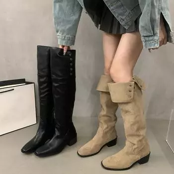 Винтажные женские сапоги выше колена, модные мягкие кожаные туфли, осень-зима, толстый каблук, женские длинные сапоги в рыцарском стиле 35