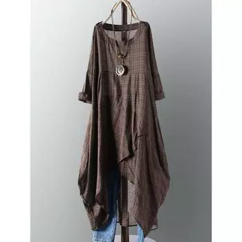 Винтажные женские сарафаны с длинным рукавом в клетку, повседневная одежда, летние платья XXL красный