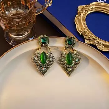 Винтажные женские серьги-гвоздики в ближневосточном стиле — элегантные квадратные серьги в стиле ретро зелёный