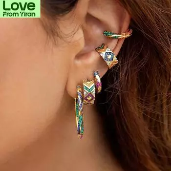 Винтажные женские серьги-каффы в стиле бохо, не прокалываемые, цветные серьги-клипсы из кристаллов в форме буквы C, не прокалывающие поддельные серьги-клипсы для хряща