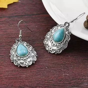 Винтажные женские серьги-капли с геометрическим кружевом и инкрустацией натуральным камнем