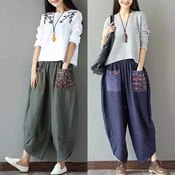 Винтажные женские шаровары в этническом стиле с эластичной резинкой на талии, широкие брюки, мешковатые свободные хлопковые льняные брюки M армия зеленый