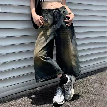 Винтажные женские широкие короткие джинсы, прямые свободные укороченные джинсовые брюки, повседневная уличная одежда с высокой талией в стиле ретро, прямые брюки 578 M
