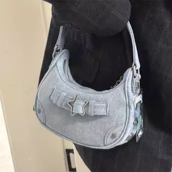Винтажные женские сумки Star Denim, новые повседневные сумки High Street, женские сумки Harajuku Solid Underarm Bag Chic