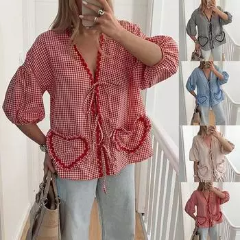 Винтажные женские свободные рубашки с сердечками и карманами, модные женские повседневные блузки с v-образным вырезом и бантом на пуговицах для женщин, шикарные топы, одежда XL чёрный