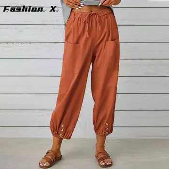 Винтажные женские тонкие пляжные брюки из хлопка и льна, женские повседневные свободные брюки с высокой талией S коричневый
