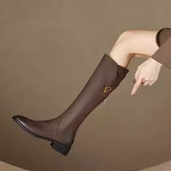 Винтажные женские тонкие сапоги до колена, модные туфли с пряжкой на ремне, осень-зима, на низком каблуке, женские современные длинные сапоги 35 чёрный